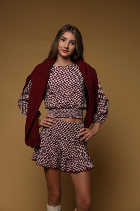 DIGITAL PRINTED LANTERN SLEEVE SMOCKED WAISTBAND TOP