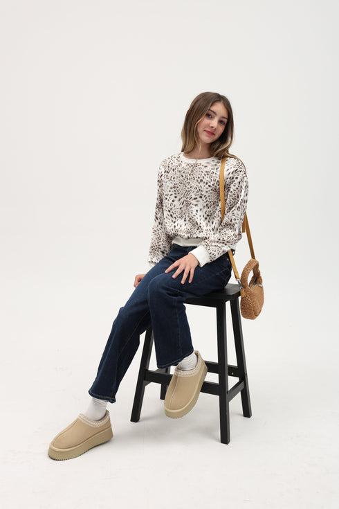 PRINTED SATIN LONG SLEEVE BANDED CREW NECK