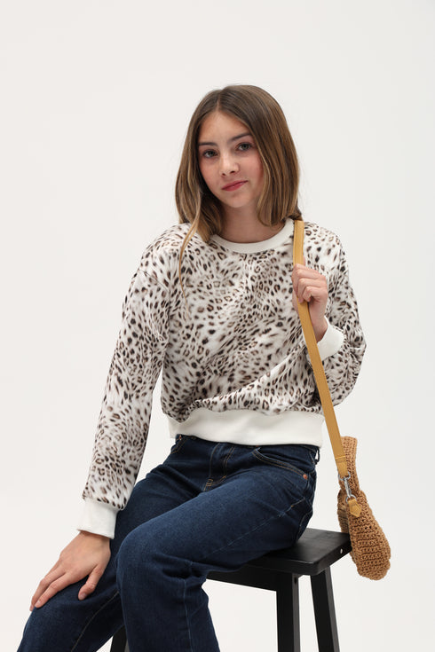 PRINTED SATIN LONG SLEEVE BANDED CREW NECK