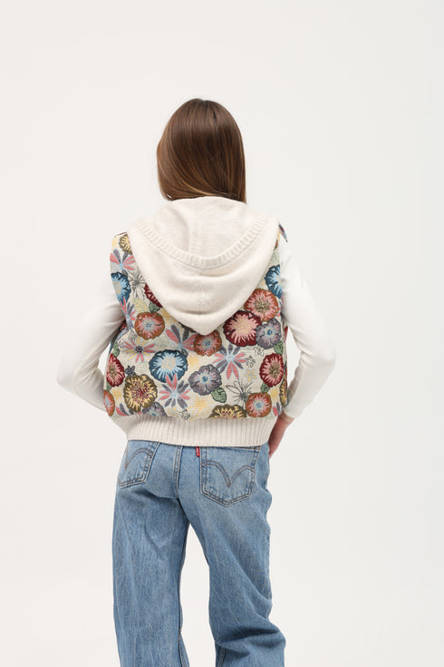 Tapestry Floral Puffer Vest Hoodie