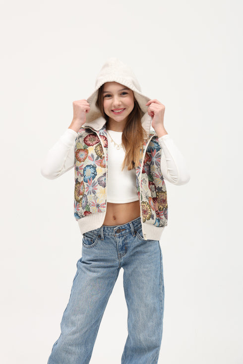 Tapestry Floral Puffer Vest Hoodie